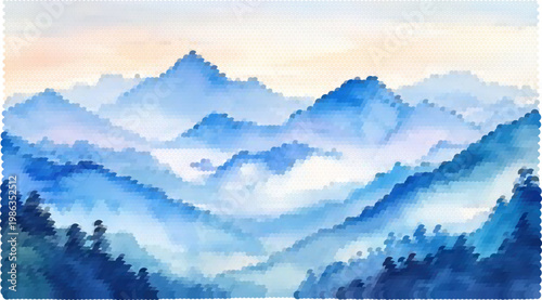 Abstract halftone mountain landscape vector texture overlay in soft blue hues