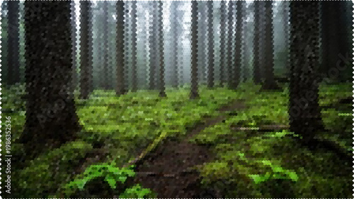 Abstract halftone overlay of a forest scene with trees and mossy ground texture
