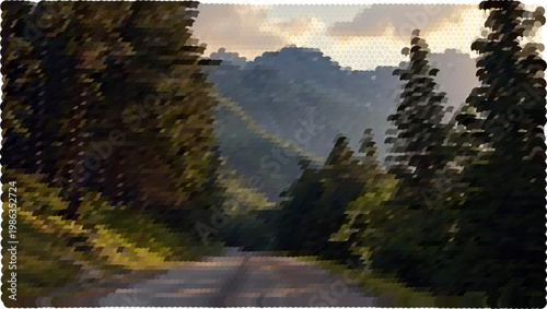 Abstract halftone vector of mountain road with forested landscape background