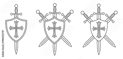 Sword and shield with cross set crossed swords and heraldic crest collection, medieval knight emblem and Christian symbolism concept, crusade era warrior badge and historical heraldic icon vector