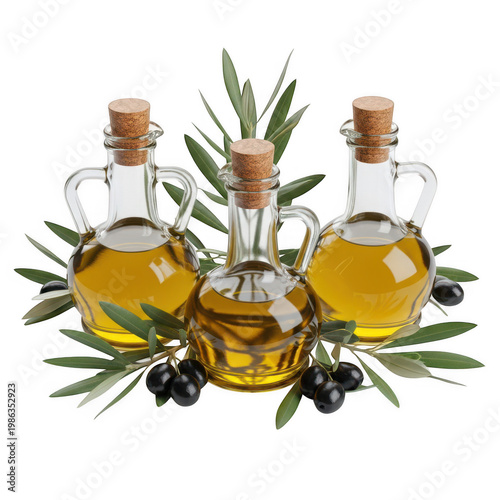 Three glass bottles filled with golden extra virgin olive oil surrounded by fresh green leaves