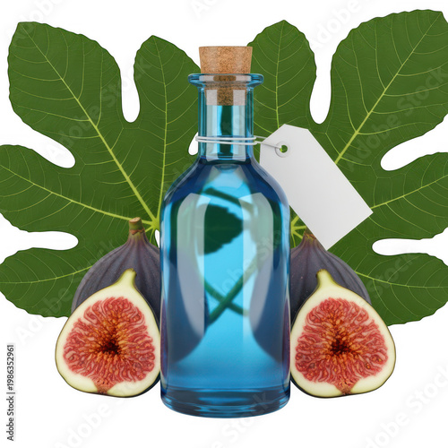 A blue glass bottle of fig essence with a blank tag and fresh whole and sliced purple figs