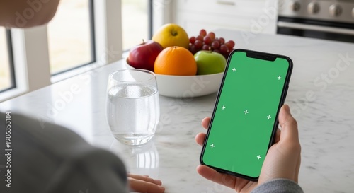 Woman holding smartphone with green screen in modern kitchen. Device with chroma key display for digital interface design mockup. Lifestyle concept of healthy living and mobile technology.