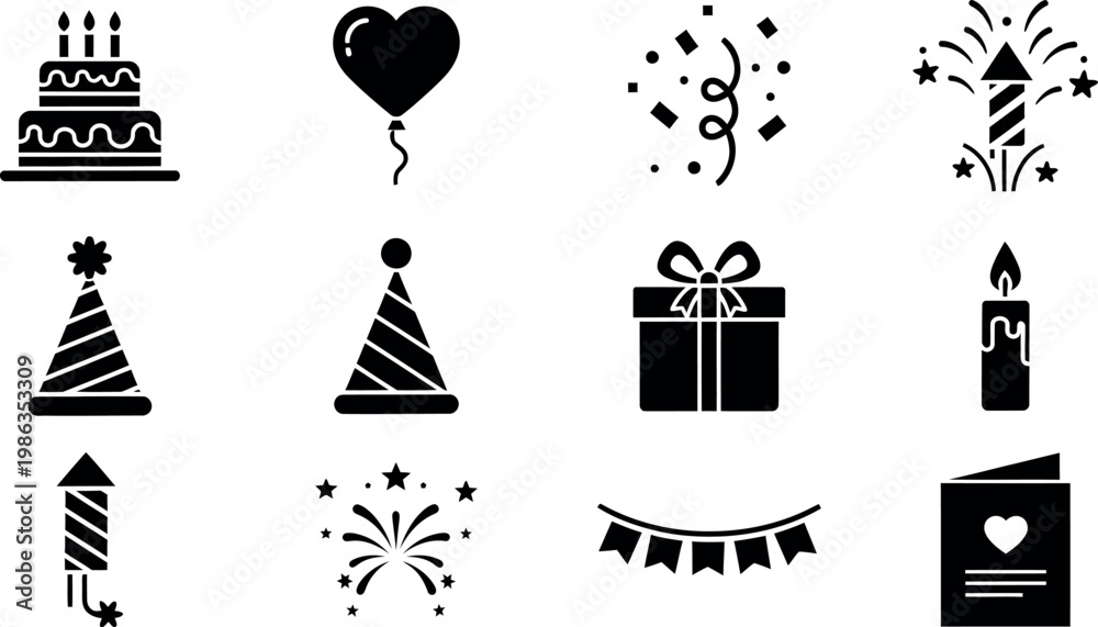 Fototapeta premium Celebration icons birthday and party elements in black silhouette style