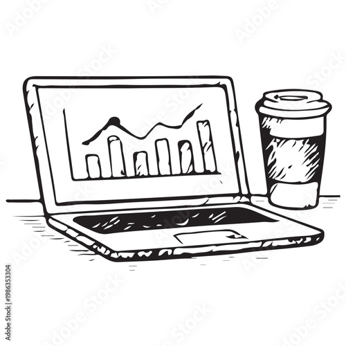 Laptop with Business Graph and Coffee Cup for Remote Work Productivity and Office Analytics