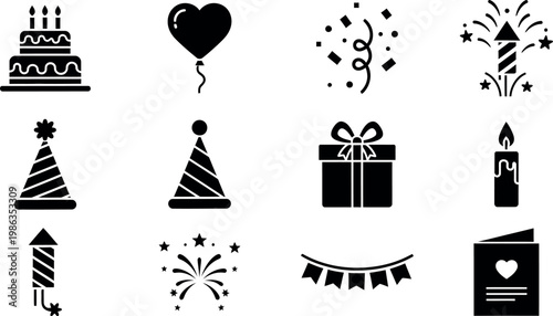 Celebration icons birthday and party elements in black silhouette style