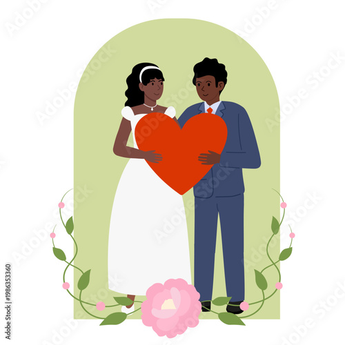 Couple in love getting married. Woman in white dress, man in wedding suit. Flat illustration invitations, romantic celebration.