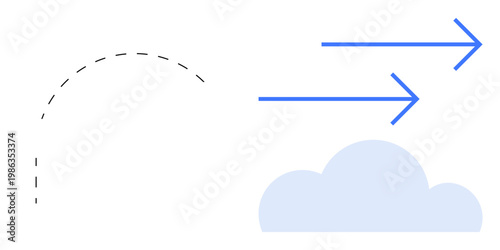 Air movement, motion dynamics, data transfer, environmental flow, aerodynamics, cloud storage. Dashed curved line, arrows cloud. Air movement and motion dynamics concept