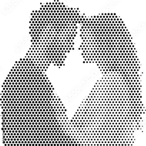 Halftone vector texture overlay of romantic couple silhouette in abstract background