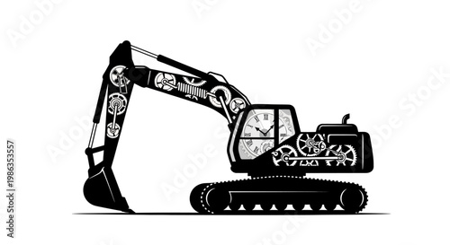 Black and white illustration of excavator.