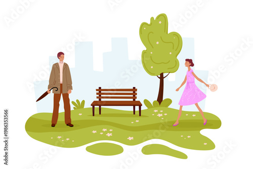 Date in city park. Green spring flowering meadow. Girl hurries to date with young man in light dress. Flat vector illustration