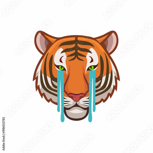 Sad tiger face illustration with tears. Cartoon wild animal expression of sorrow.