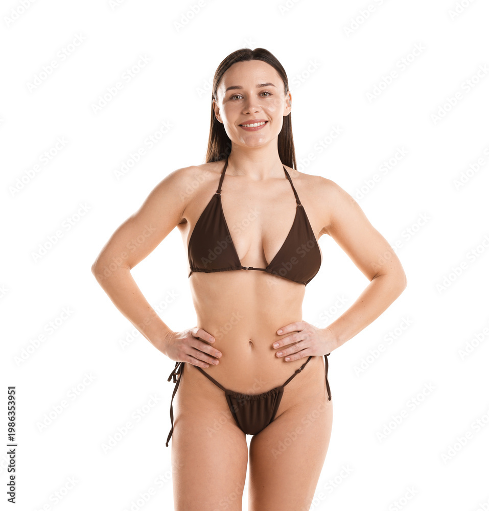 Fototapeta premium Beautiful woman wearing stylish swimsuit on white background