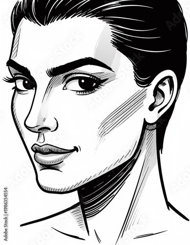 Stylish black and white line art illustration of a woman's face, a sophisticated hand-drawn ink portrait capturing a confident expression with elegant features and a classic aesthetic