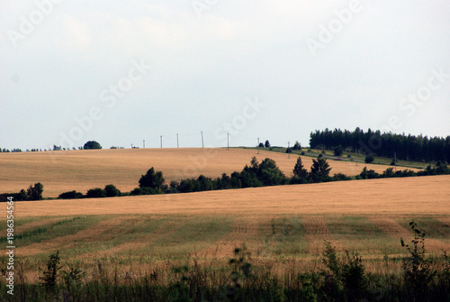 Fields stretch across the landscape with distant trees and power lines visible