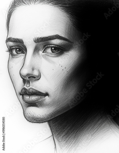 A striking black and white pencil sketch portrait of a young woman with an enigmatic expression, highlighting her features with dramatic light and shadow