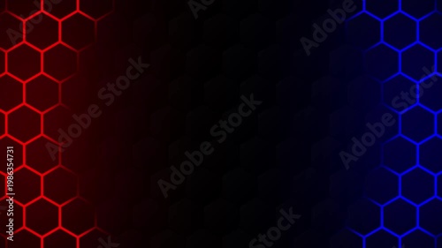 Cyberpunk red and blue hexagonal pulsing loop background for gaming. Abstract high-tech motion graphic of glowing honeycomb grids. E-sports and streams.