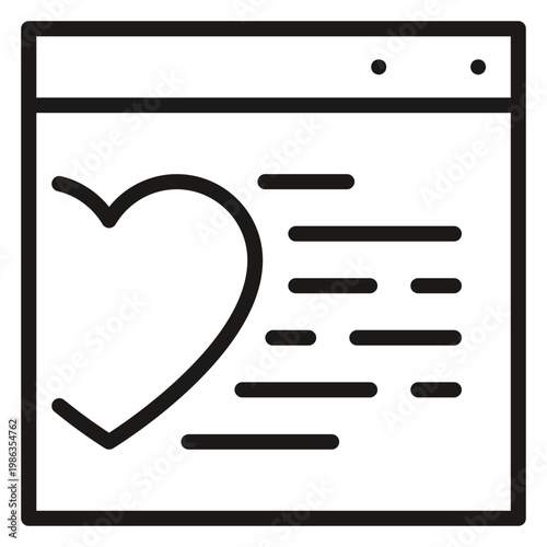 Black line vector icon of a web browser window with a heart and text lines, representing a blog post, social media content, or favorite website, isolated on a white background illustration.
