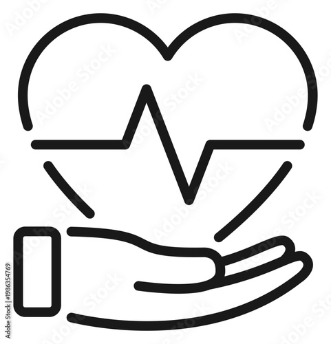 Minimalist black vector icon illustration of a hand gently holding a heart with a heartbeat pulse line inside, symbolizing healthcare, medical support, cardiology, life insurance, and wellness.