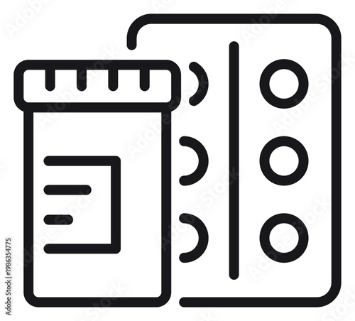 Fotografía Minimalist black line vector icon illustration of a pharmaceutical pill bottle and a blister pack of tablets, symbolizing medical treatment, healthcare, prescription drugs, and pharmacy