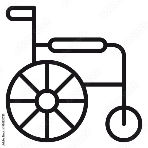 Minimalist black line vector icon of a wheelchair, symbol for disability, accessibility, and medical mobility equipment. Scalable graphic illustration for healthcare and patient transport.