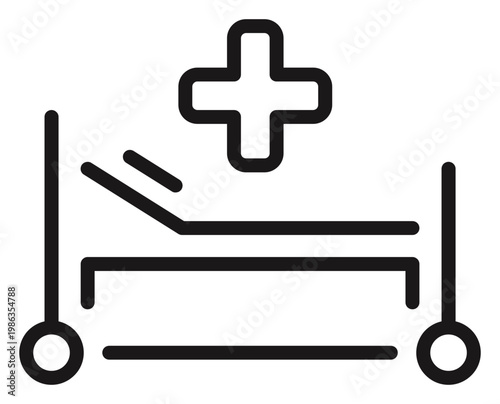Black minimalist vector icon illustration of a hospital bed with a medical cross symbol, representing healthcare, clinical services, patient care, and emergency medical treatment facilities.