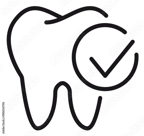 Healthy Tooth Vector Icon with Checkmark Symbol, Representing Dental Health, Oral Hygiene, and Successful Dentistry Checkup. Minimalist Black Line Art Illustration for Medical and Healthcare Design.