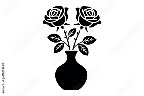 A black silhouette of two roses in a vase on a white background