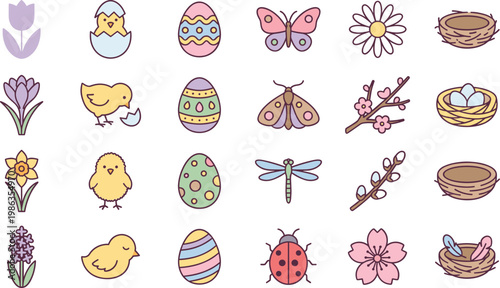 Spring and easter holiday vector icons set featuring chicks decorated eggs flowers and nature items