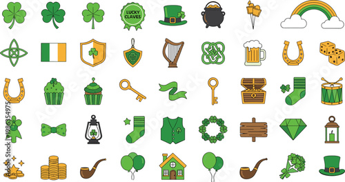 St patricks day flat line icon set shamrock hat pot of gold rainbow and horseshoe