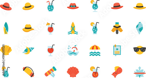 Summer vacation icons set featuring beach hats cocktails surfboards sunglasses and tropical seashells