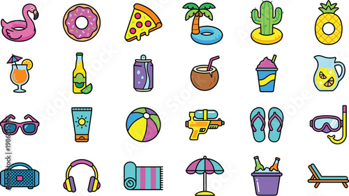 Summer vacation icons set with beach items colorful flat vector illustrations for holiday travel web