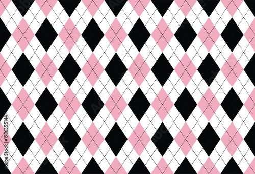 Argyle pattern seamless background in pastel pink, black and white for bags, socks, phone cases