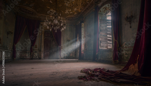 Sunlight beams through a window in a decaying, opulent abandoned ballroom