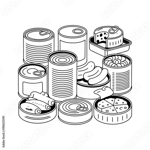 A collection of various canned foods and opened tins on a white background