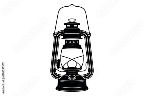 A black and white illustration of a vintage lantern with a glass chimney and metal handle.