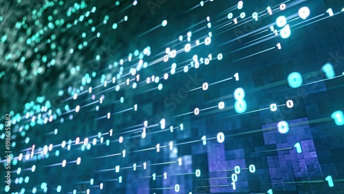 Digits 1 and 0 rush in a binary stream along a dark circuit board grid, glowing teal and white. Light trails connect the numbers, suggesting data transmission. Deep blue and purple tones fill the