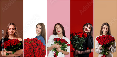 Beautiful women with bouquets of roses on colorful backgrounds. Collection of portraits