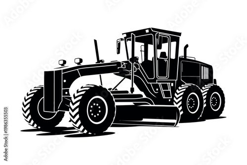 A black and white illustration of a large construction vehicle with a cab and large tires.