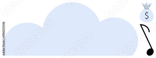 Music streaming, cloud storage, digital services, financial growth, monetization, innovation. Light blue cloud, musical note money bag. Music streaming and cloud storage concept