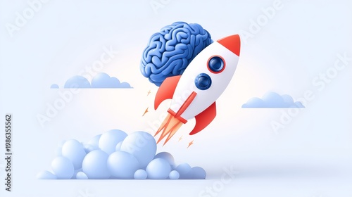 Concept of intellect, intelligence, innovation, and cognitive ability improvement, featuring a cartoon rocket carrying a brain as it flies upward.