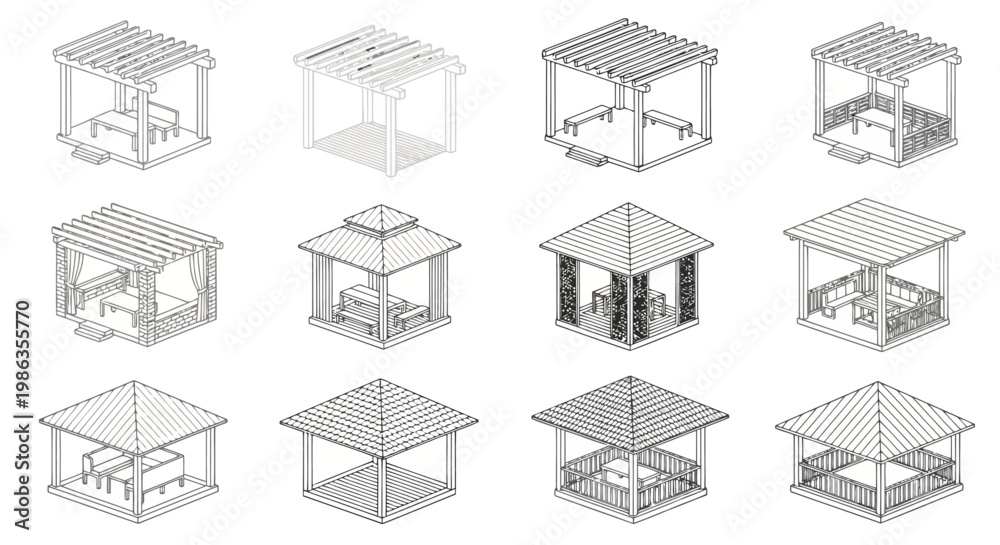 Fototapeta premium Collection of isometric line art designs for outdoor pergolas and gazebos, featuring various styles and structures
