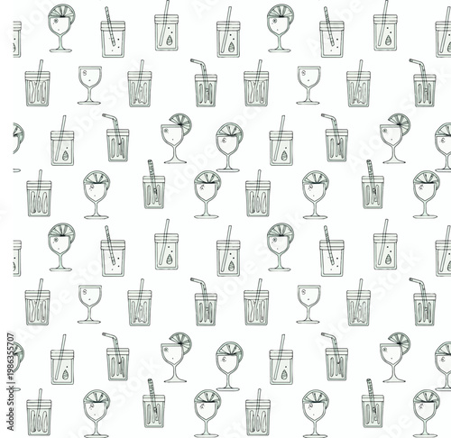  Patrón sin costuras con bebidas dibujadas en líneas sobre fondo claro.
