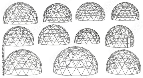 Set of geodesic domes, wireframe structures of spherical buildings, 3d architectural models