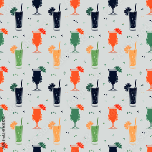  Patrón sin costuras con bebidas variadas y frutas en estilo alegre.
