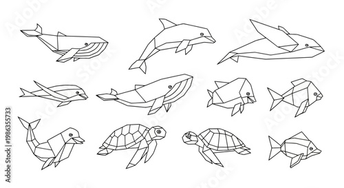 Geometric line art collection of marine animals including whales, dolphins, fish, and sea turtles stylized ocean creatures set