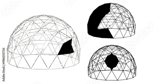 Geodesic dome architectural wireframe structures with highlighted sections