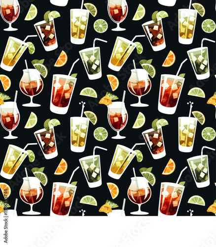  Patrón sin costuras con bebidas coloridas sobre fondo negro.
