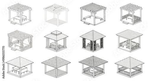 Collection of isometric line art designs for outdoor pergolas and gazebos, featuring various styles and structures
