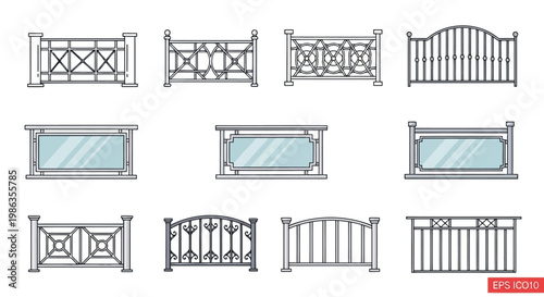 Set of various railing designs collection of modern and classic balustrades, fences, and handrails with metal and glass elements